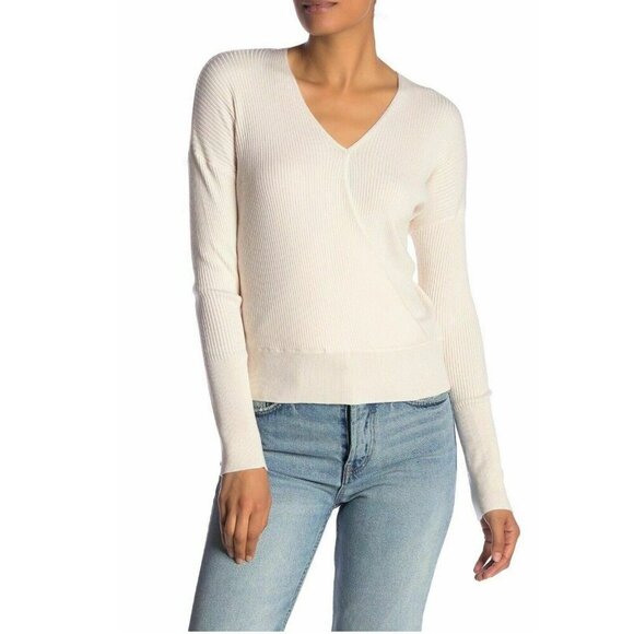 Elodie Cream Ribbed Wrap V-Neck Sweater Size Small - Picture 1 of 5